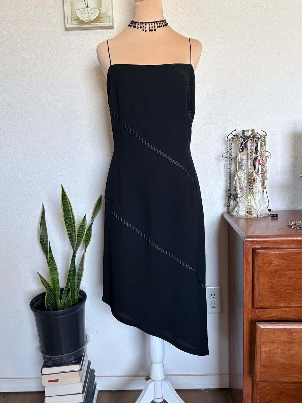 Vintage Y2K 90s Black Spaghetti Strap Midi Dress Size L Asymmetrical Hem